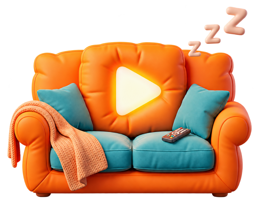 LazyPlayer’s orange couch with teal cushions, a glowing play symbol and sleepy Z marks