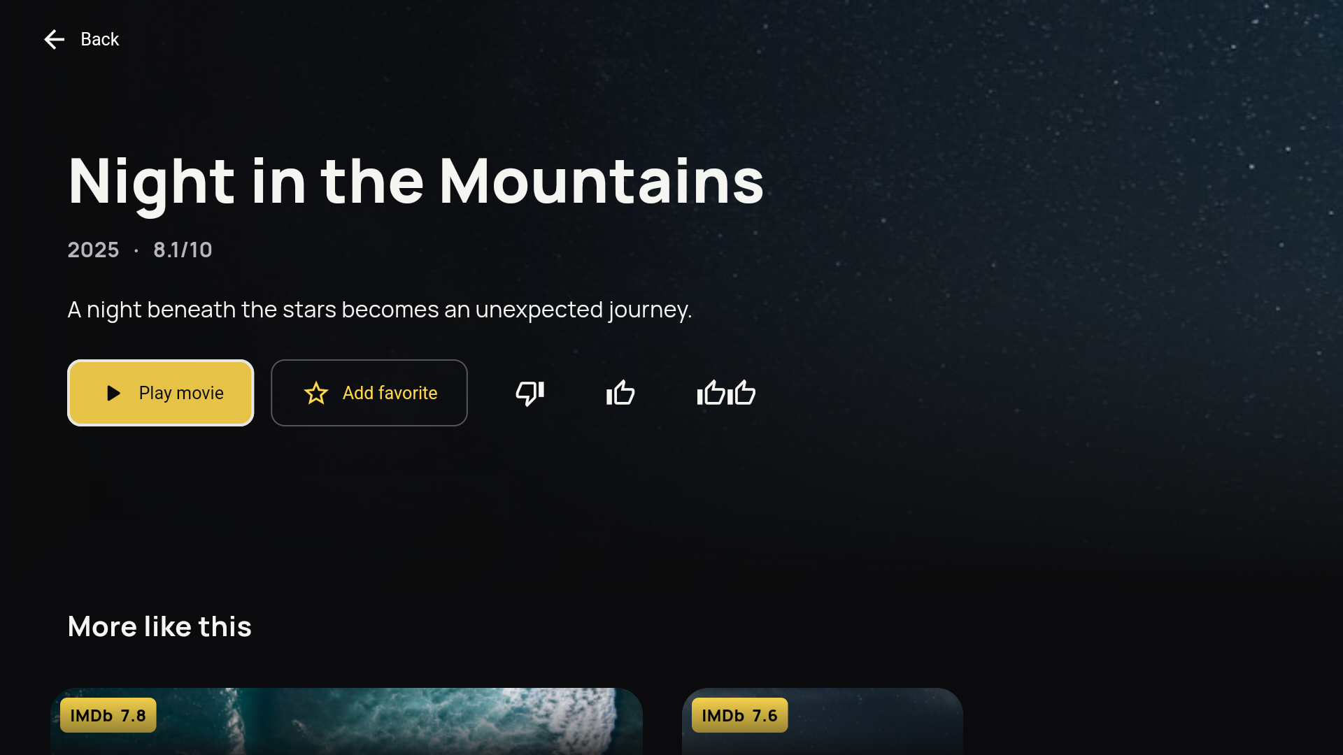 Actual Android TV title details with Play, favorite and rating actions